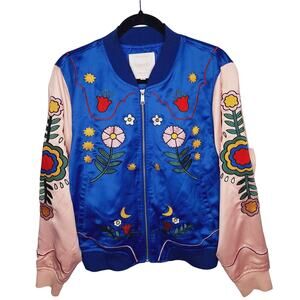 Ban.do Satin Souvenir Shop Bomber Jacket Medium Embroidered Scandi Floral Heart